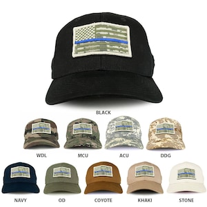 May include: A collection of ten baseball caps in various colours and camouflage patterns. Each cap features a thin blue line American flag patch.
