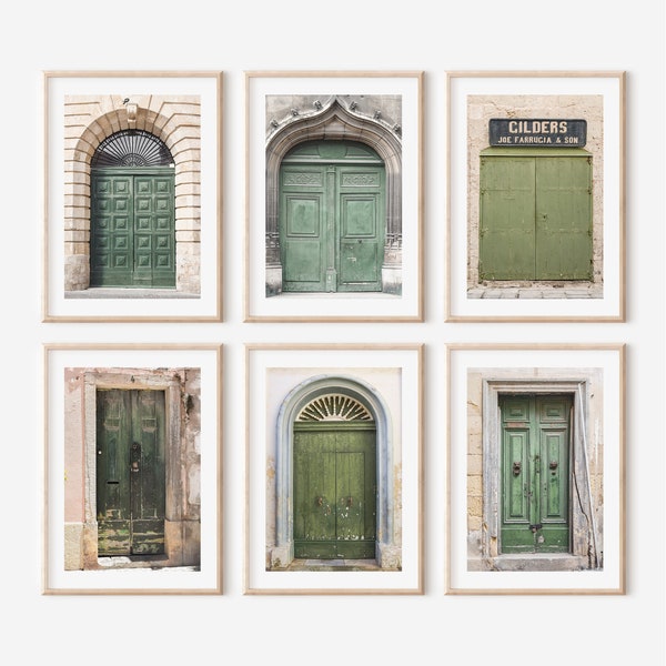 Set von 6 grünen Türen 5 x 7 druckbare Kunst, digitaler Download, Galeriewand-Set, Tür-Fotografie, Türdrucke, Pariser Türkunst