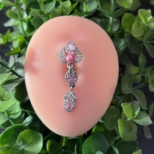 Pearl and CZ Gems Top Down 316L Surgical Steel 14G Belly Ring Body Jewelry