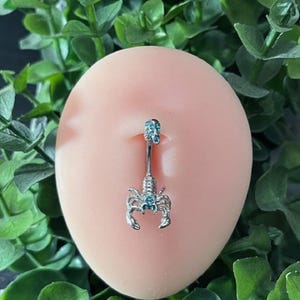 Pode incluir: Um piercing de corpo de prata com um charme de escorpi&atilde;o e pedras preciosas azuis. O escorpi&atilde;o tem uma pedra preciosa azul para o olho.