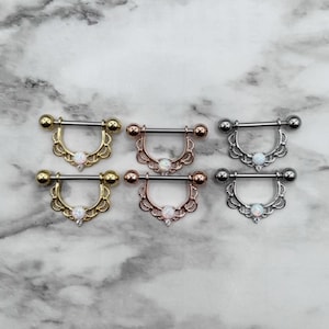 Pair White Opal Centered Filigree Drop 14G Nipple Shields Nipple Barbells Nipple Rings Nipple Piercing Nipple Jewelry Body Jewelry