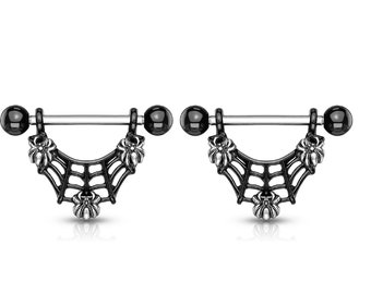 Pair of Spiders on Black Spider Web 316L Surgical Steel 14G Nipple Barbells Shields Rings Body Jewelry