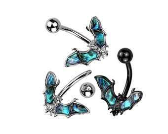 Bat with Abalone Shell Wings 316L Surgical Steel 14G Belly Ring Body Jewelry