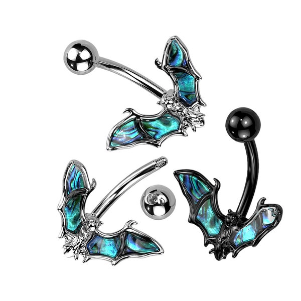 Bat with Abalone Shell Wings 316L Surgical Steel 14G Belly Ring Body Jewelry