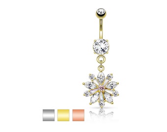 Flower with Prong Set CZ Shard Petals 316L Surgical Steel 14G Dangle Belly Ring Body Jewelry