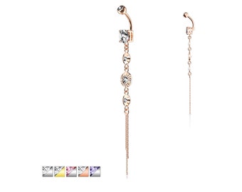 CZ Centered Drops with Chain Dangle 316L Surgical Steel 14G Belly Rings Body Jewelry