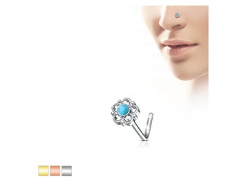 Flower Filigree Faux Turquoise Center 316L Surgical Steel L Bend Nose Rings Body Jewelry