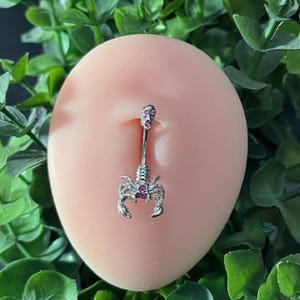 Pode incluir: Um piercing de corpo de prata com um design de escorpi&atilde;o e gemas rosa. O escorpi&atilde;o tem uma gema rosa na cauda e duas gemas rosa nas costas.