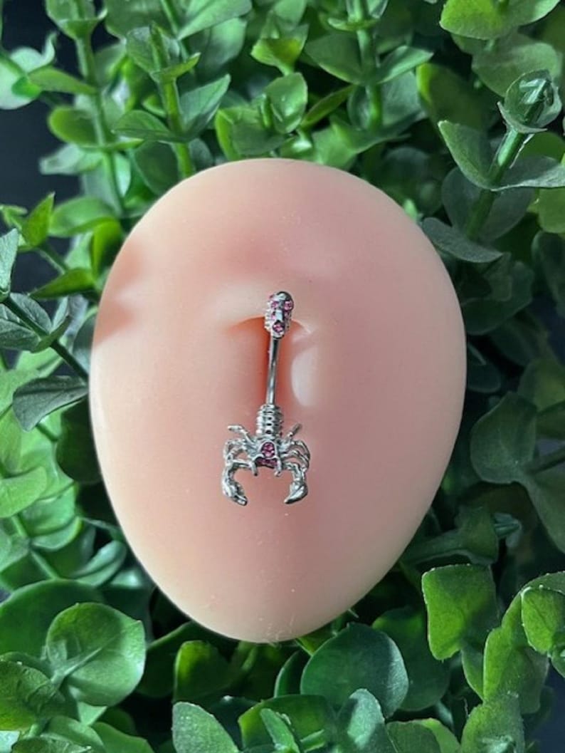 Pode incluir: Um piercing de corpo de prata com um design de escorpi&atilde;o e gemas rosa. O escorpi&atilde;o tem uma gema rosa na cauda e duas gemas rosa nas costas.