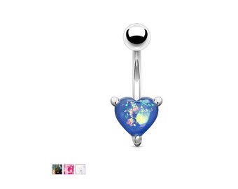 Opal Glitter Heart Prong Set Silver Plated 316L Surgical Steel 14G Belly Button Rings Body Jewelry