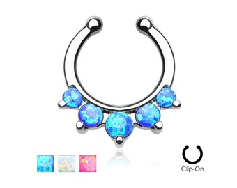 Paved Opal Glitter Gem Non Pierced 316L Surgical Steel Adjustable Septum Nipple Clip On Fake Body Jewelry