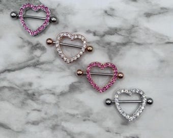 Pair Gem Paved Heart Nipple Shields Barbells 14G Surgical Steel Body Jewelry