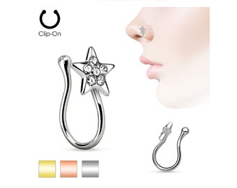 Clear CZ Gem Star Clip On Fake Non Pierced Adjustable 316L Surgical Steel Nose Ring Body Jewelry