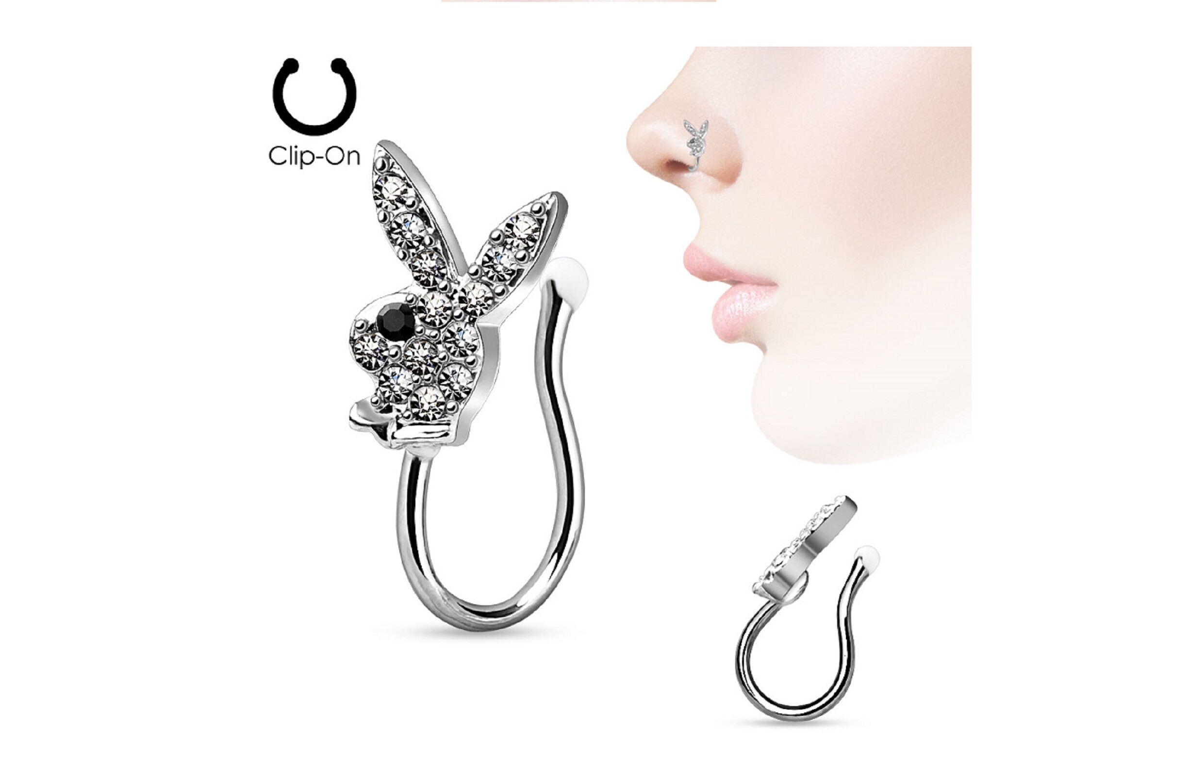Clear CZ Paved Playboy Bunny Clip On Fake Non Piercing Nose Ring Body…