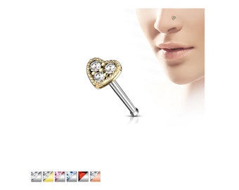 Heart CZ Gem Straight Nose Ring 316L Surgical Steel 20G 1/4" Body Jewelry