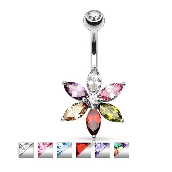 Marquise Cut CZ Petal Flower 316L Surgical Steel 14G Belly Rings Body Jewelry