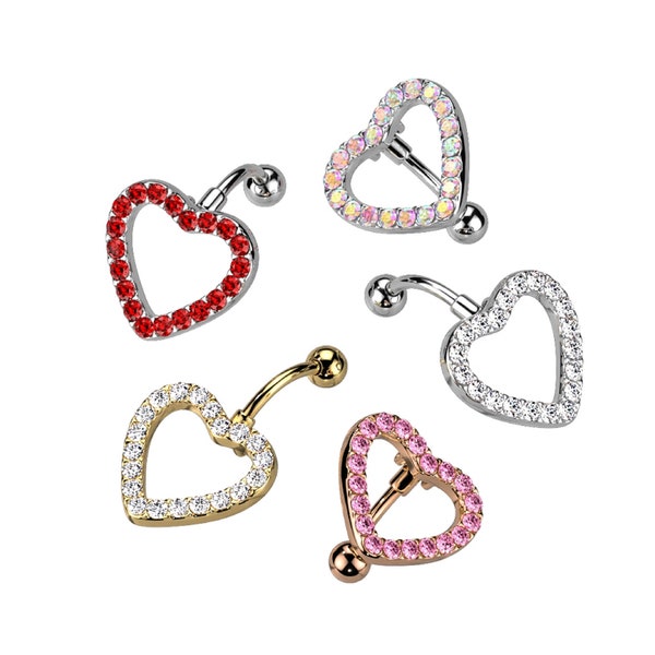 Heart CZ Paved With 316L Surgical Steel Swinging Top Down Belly Rings Body Jewelry