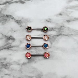 Pair Opal Glitter Centered Rose Gold Plated Round Flower Ends 14G Nipple Barbells Nipple Rings Nipple Piercing Nipple Jewelry Body Jewelry
