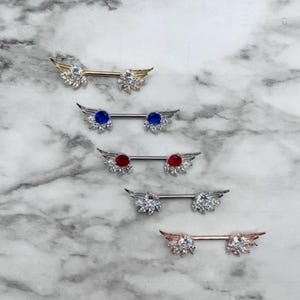 Pair Round Marquise CZ Prong Set Angel Wings Ends 14G Nipple Barbells Nipple Rings Nipple Piercing Nipple Jewelry Body Jewelry
