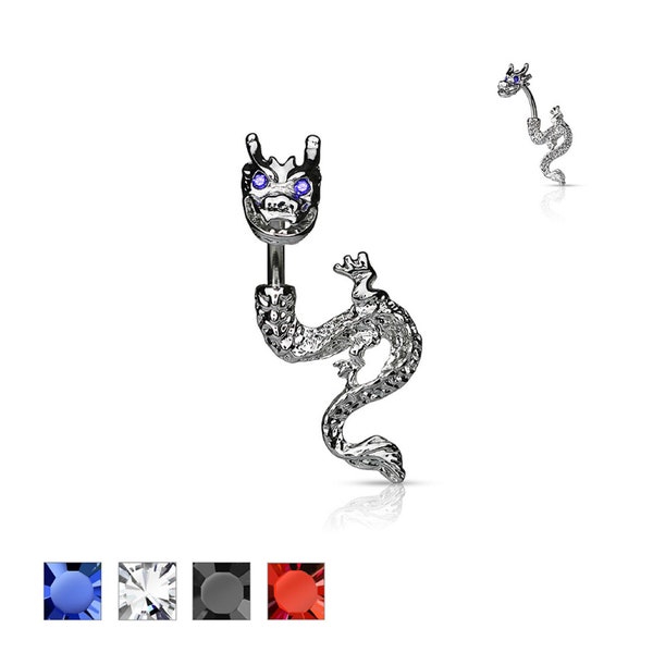 Rhodium Plated Dragon with Gemmed Eyes 316L Surgical Stainless Steel 14G Belly Ring Body Jewelry