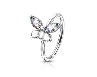 Clear CZ Silver Butterfly Bendable Pierced 316L Surgical Steel 20G Nose Cartilage Hoop Ring Piercing Body Jewelry