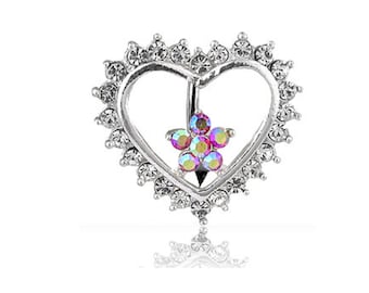 CZ Heart Flower Top Down 316L Surgical Steel 14G Belly Ring Body Jewelry