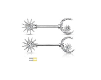 Pair Sun and CZ Paved 316L Surgical Steel 14G Crescent Moon and Star Nipple Barbells