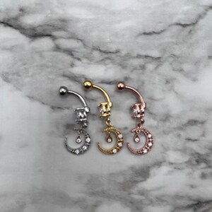 CZ Paved Crescent Moon Dangle Round CZ Set 316L Surgical Steel 14G Belly Rings Body Jewelry