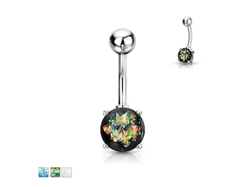 Opal Glitter Prong Set Silver Plated 316L Surgical Steel 14G Belly Rings Body Jewelry