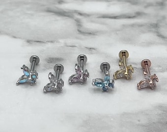 CZ Butterfly Labret: 16G Surgical Steel Monroe Piercing