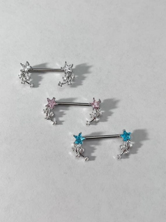 Owl Star Moon Design Owl CZ Crystal Star & Moon Nipple Barbells - 14G 9/16" Surgical Steel Body Jewelry Pair Beads For Embroidery