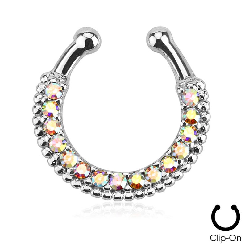 1 Aurora Borealis CZ Gem Non Piercing Septum Nipple Nose Ring Clip On Fake Jewelry