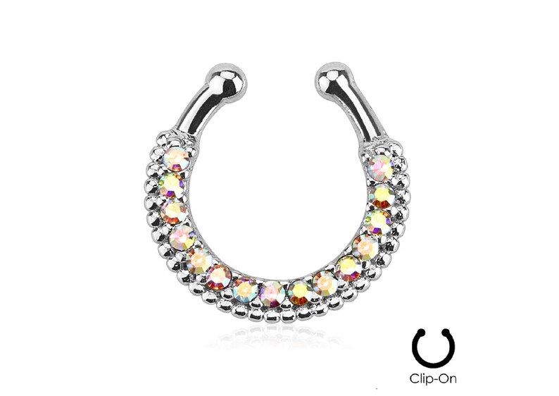 1 Aurora Borealis CZ Gem Non Piercing Septum Nipple Nose Ring Clip On Fake Jewelry