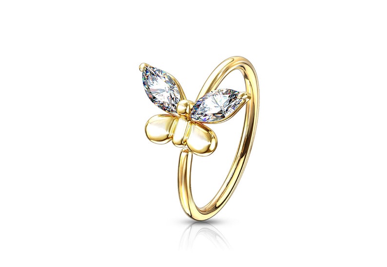Clear CZ Gold Butterfly Bendable Pierced Nose Cartilage Hoop Ring Piercing Body Jewelry 
