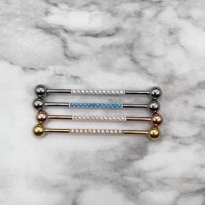 Industrial Barbells Titanium with Opal Set Lined 316L Surgical Steel 14G Body Jewelry
