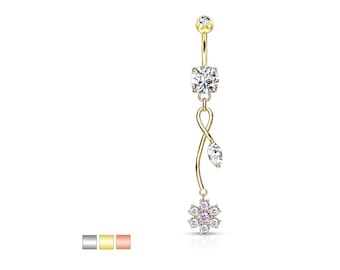 CZ Flower with Pink CZ Center and Marquise CZ Leaf on Vine Dangle 316L Surgical Steel 14G Belly Rings Body Jewelry