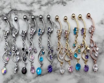 Fancy Vine Dangle CZ Gem Belly Ring 14G Surgical Steel Body Jewelry