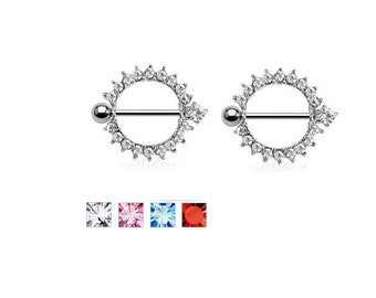 Pair CZ Gem Set Bar 316L Surgical Steel 14G Nipple Shields Rings Barbells Body Jewelry