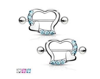 Pair CZ Pave Gem Double Heart 316L Surgical Steel 14G Nipple Shields Barbells Body Jewelry