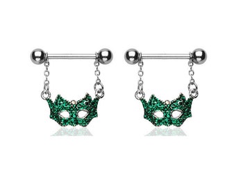 Pair Masquerade Mask Green CZ Gem 316L Surgical Steel Nipple Shields Rings 14G Body Jewelry