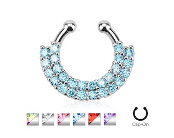 CZ Gem Double Line Fake Non Pierced Adjustable Septum Hanger Ring 316L Surgical Steel Body Jewelry