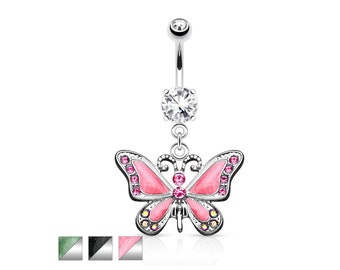 Papillon Dangle avec Clear Gems Acier Chirurgical 316L 14G Anneaux de Ventre Bijoux de Corps