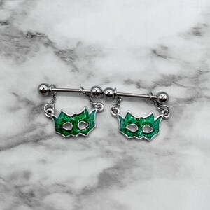 Pair Masquerade Mask Green CZ Gem Nipple Shields Nipple Rings Nipple Barbells Nipple Piercing Nipple Jewelry 14G Body Jewelry