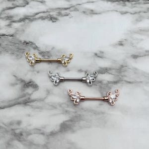 Pair CZ Set Floral Filigree Ends 14G Nipple Rings Nipple Shields Nipple Barbells Nipple Piercing Nipple Jewelry Body Jewelry