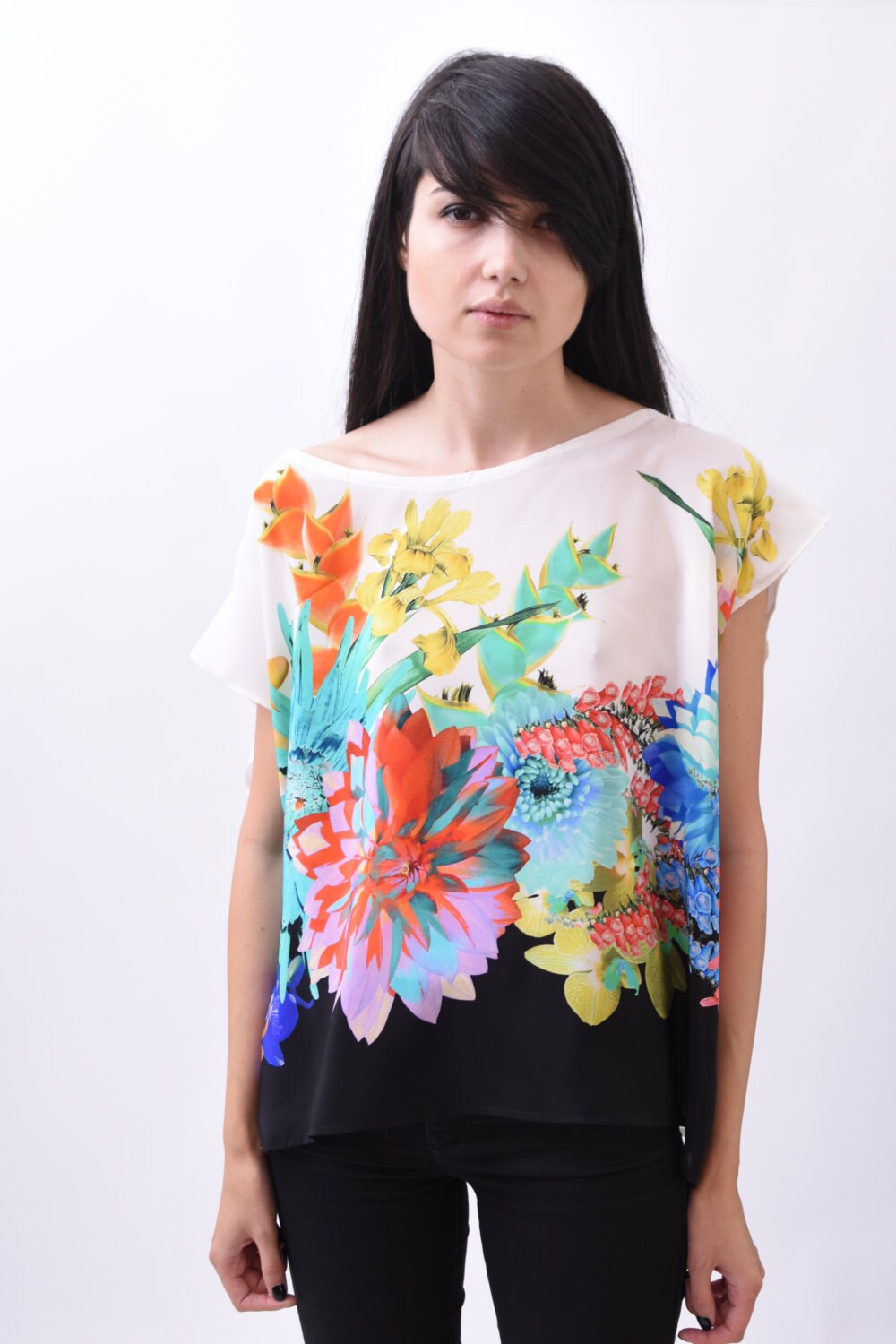 Floral print shirt silk blouse summer top flower print | Etsy