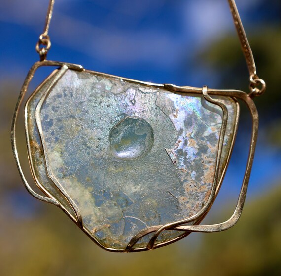 14K 585 Solid Yellow Gold Ancient ROMAN GLASS Cus… - image 2