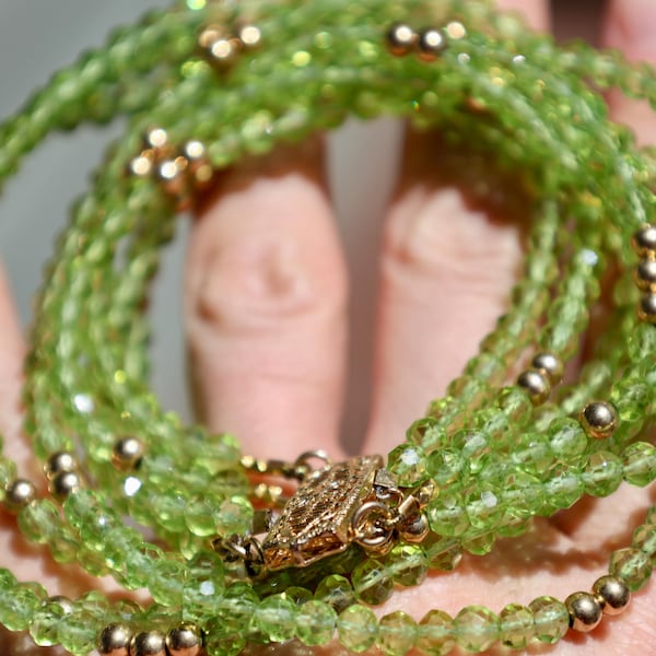 14K Solid Yellow Gold Closure Gold Beads 54.8 Grams 4-Strand PERIDOT NECKLACE
