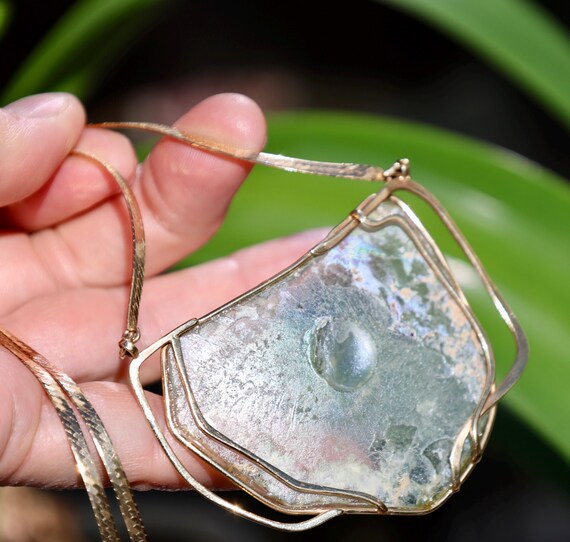 14K 585 Solid Yellow Gold Ancient ROMAN GLASS Cus… - image 6