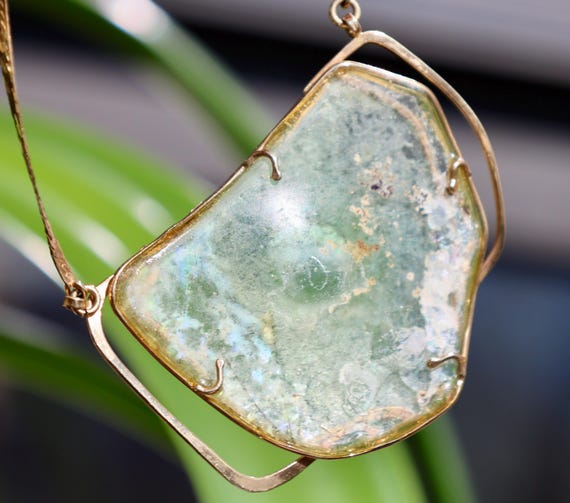 14K 585 Solid Yellow Gold Ancient ROMAN GLASS Cus… - image 13