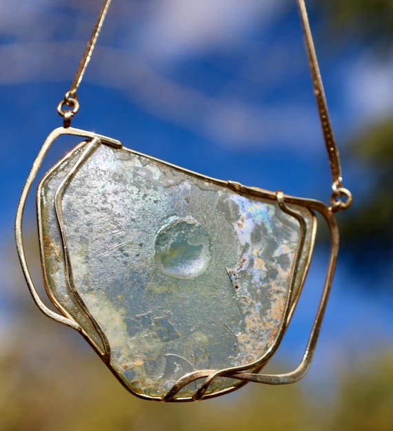 14K 585 Solid Yellow Gold Ancient ROMAN GLASS Cus… - image 18